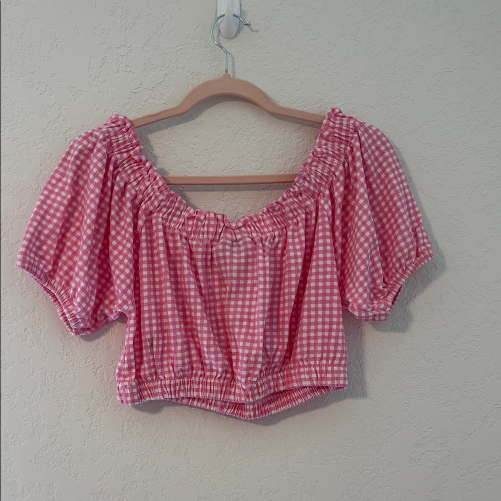 ❤️🔥EUC 100% Cotton Chic Pink Checkered Cropped Blouse - Picture 3 of 12